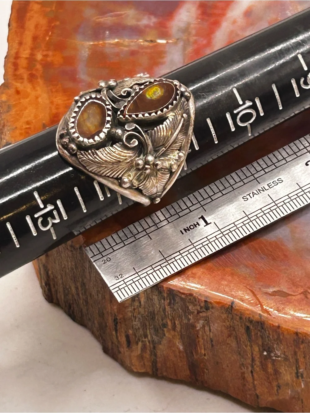 Mens Southwest Sterling Silver Fire Opal Ring - Size 11.5